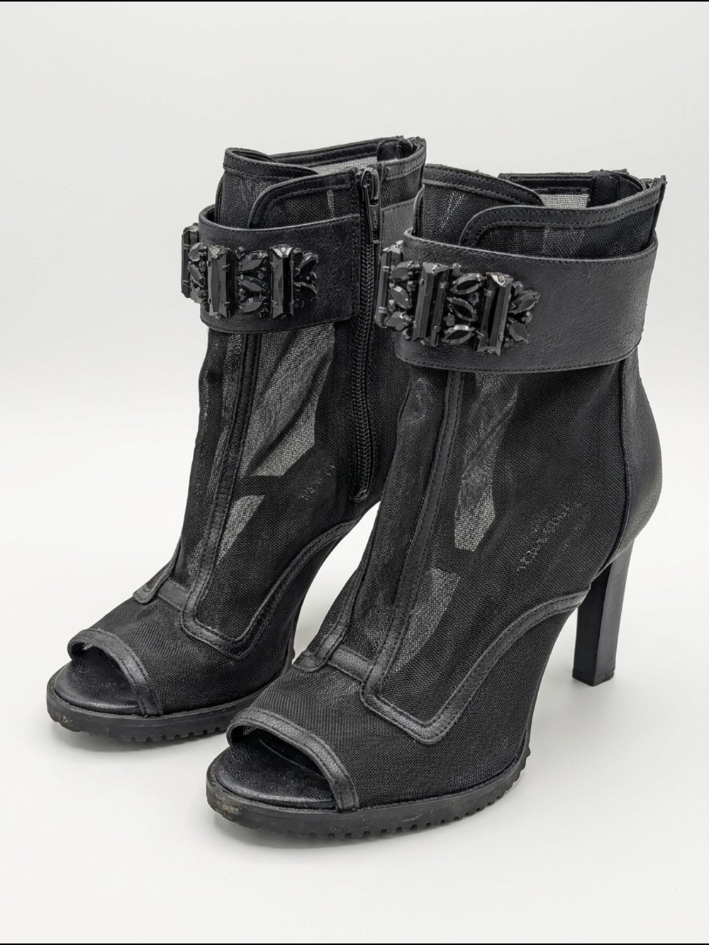 Karl Lagerfeld Black Mesh Peep Toe Ankle Booties‎ Size 7 Embellished High Heel